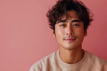 Young asian curly haired man in pink sweatshirt in front of pink wall with slight smile, copy space