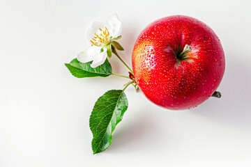 Wall Mural - Close-up of wet red apple with leaf and flower on light background. Tasty fruit concept.