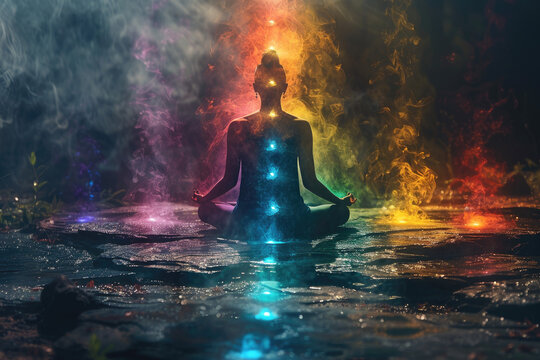 A person meditating with chakra lights around them. Created with Ai
