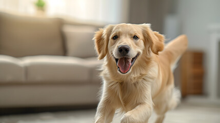 Happy puppy golden retriever dog enjoys running, in a happy and playful mood, light background, Adorable Pet Photo