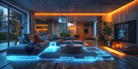 Poster - Intelligent Living Room with Futuristic Smart Furniture and Ambient Lighting Showcasing Modern Home Technology