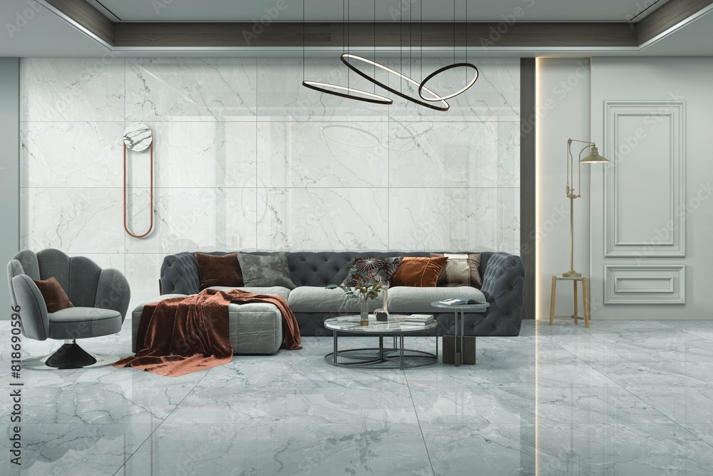 Bright and huge living room interior design with white marble on floor ...