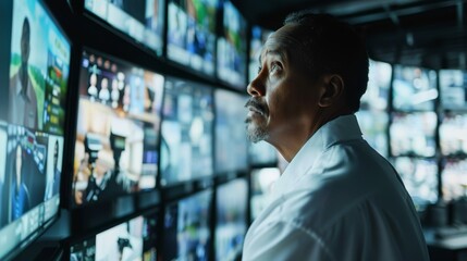 Man Monitoring Multiple Screens