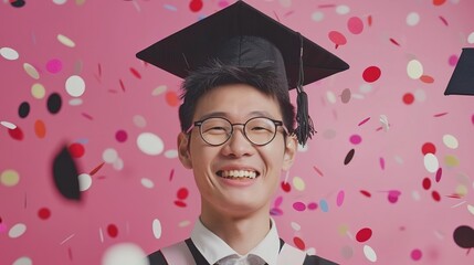 Wall Mural - Graduate celebration, minimal backdrop, wide angle, natural light isolated on soft plain pastel solid background