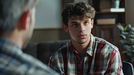 Wall Mural - A male college student sits opposite the counselor, his face etched with concern as he discusses the pressures of academic life and the toll it's taking on his mental well-being.