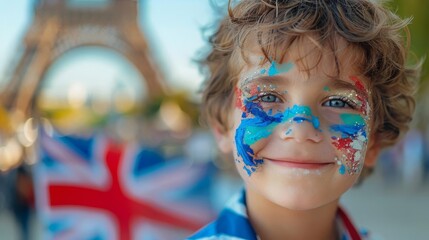 Wall Mural - Olympic Paris sport Focus on a happy face kid smiling makeup in the color