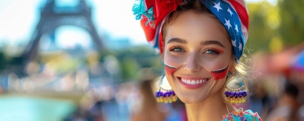 Wall Mural - Olympic Paris sport Focus on a happy face woman smiling, looking at the camera and wearing makeup in the color of the France flag with Eiffel Tower background, on the left side free space, photography