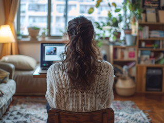 Poster - A cozy home office setting is depicted as a female employee engages in a video call with colleagues, her back to the camera. Soft, minimal colors create a calming atmosphere, emphasizing the comfort