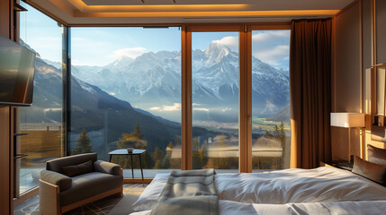  A luxury hotel room with floor-to-ceiling windows showcasing a breathtaking mountain panorama