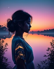 Aufkleber - Conceptual Digital Art: Beautiful Double Exposure Combining a Girl's Silhouette in Twilight Tranquility