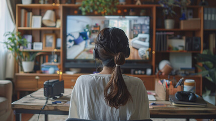 Aufkleber - amidst a tranquil home setting, a female employee is captured from behind while engaged in a video c