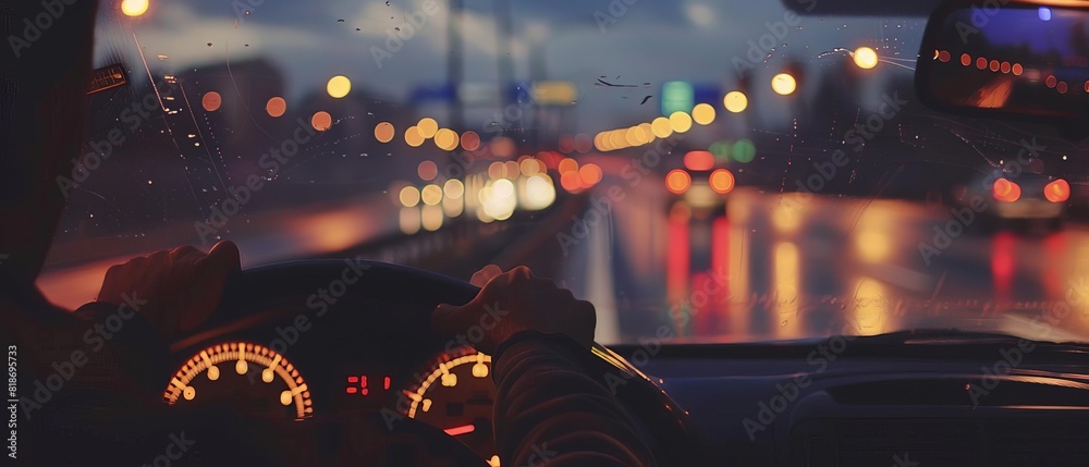 Blurred view from inside a car driving at night on a busy, illuminated ...