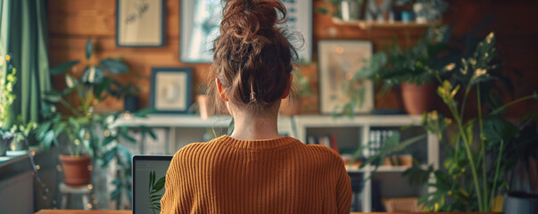 Poster - In a minimalistic home office environment, a female employee is seen conversing on a video call with colleagues, her back to the camera. Soft, cozy colors evoke a sense of comfort and tranquility,