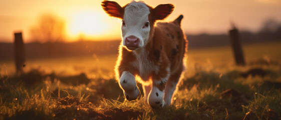 A lively young calf frolicking in a grassy field during a warm, golden sunset. The vibrant orange sky enhances the joyful scene.