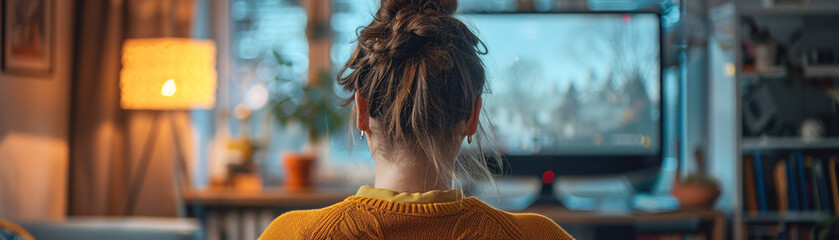 Poster - In a minimalistic home office environment, a female employee is seen conversing on a video call with colleagues, her back to the camera. Soft, cozy colors evoke a sense of comfort and tranquility,
