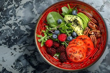 Wall Mural - Ketogenic diet meal preparation female hands frying red plate with avocado, blueberry, nut, pecan, walnut on gray marble table High quality photo