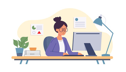 a woman is busy at her computer desk, joyfully engaged in her work. she sits at her desktop pc, dili