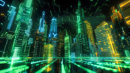 Poster - A digital cityscape with holographic elements and circuit patterns