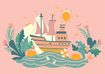 Wall Mural - A colorful drawing of a boat on the water with a sun in the sky