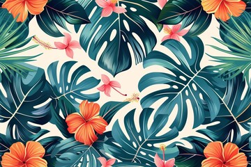 Wall Mural - bold tropical leaves and flowers pattern vector design