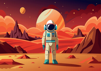 Wall Mural - A man in a space suit stands on a barren planet