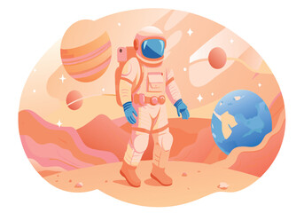 Wall Mural - a man in a space suit is walking on a planet