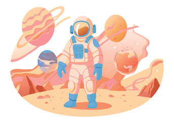 Wall Mural - a man in a space suit stands on a rocky planet