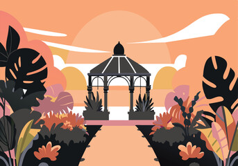 Wall Mural - A garden with a gazebo and a path leading to it