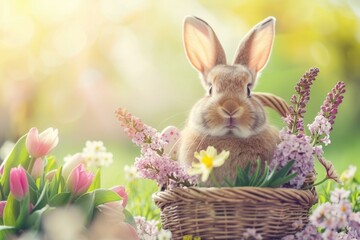 Wall Mural - Rabbit sitting in basket amidst field of flowers