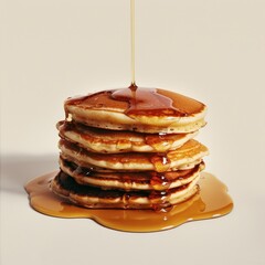 An aerial shot captures a stack of pancakes with dripping syrup on a plain white background