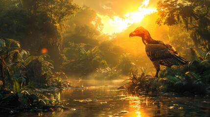 Anthropomorphic artistic image of jungle raptor in distance.