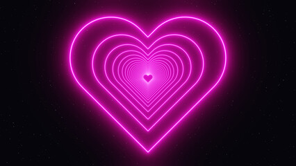 Wall Mural - 3d neon pink glowing heart on black background. Valentines Day romance concept. Isolated black icon love