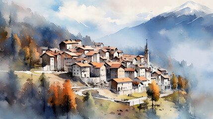 Wall Mural - Serene Mountain Villages Watercolor