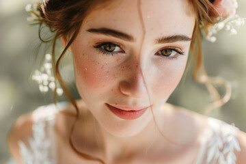 Wall Mural - A woman with brown hair and brown eyes is wearing a flower crown. She has a pretty smile on her face