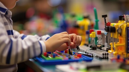 Poster - Close up of smart children hands learning about science by using toy in STEM science lesson. Skilled elementary student studying and doing experiment with blurring background. Creative concept. AIG42.