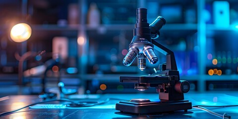 Poster - Microscope on Illuminated Laboratory Desk Showcasing Scientific Discovery and Innovation