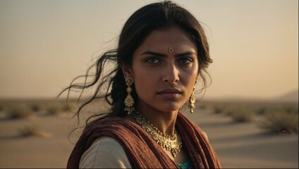 Wall Mural - A Hindu woman with long dark hair and gold earrings stands in a desert.