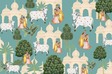 Indian Miniature Art design with Tress , Radha Krishna and Pichwai Cow Pattern , Pichwai Wallpaper For Interior Decor