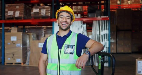 Sticker - Smile, logistics and face of man in warehouse with shelves of cardboard boxes for shipping. Happy, confident and portrait of freight worker with ecommerce packages in factory storage for delivery.