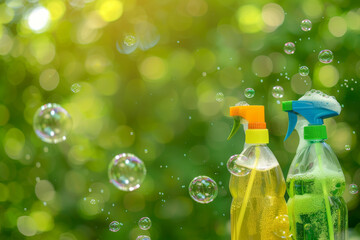 Two bottles of cleaning spray are on a green background with bubbles. The bubbles are scattered all over the background, giving the impression of a lively and playful scene