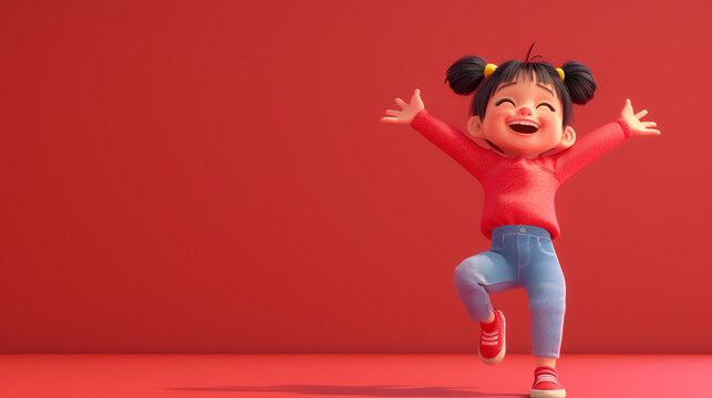 Little girl wearing a red sweater and blue jeans. She is jumping and smiling with her arms outstretched. She has black hair and yellow hair ties.