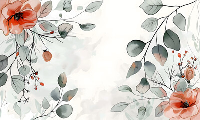 Wall Mural - floral hand drawn background. botanical line art wallpaper with flowers, branches and eucalyptus lea