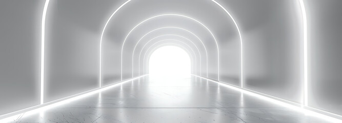 Wall Mural - White background 3D room light abstract space technology tunnel stage floor. Empty white future 3D neon background studio futuristic corridor render modern interior silver road black wall design gray