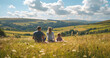 © Carles - Family sitting quietly enjoying the views of the countryside and daisies, summer concept vacation concept holidays