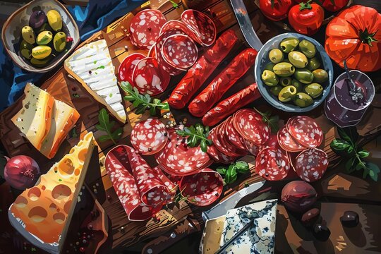 charcuterie meat cheese olives produce overhead abundance fresh platter appetizer party delicacy food illustration digital painting 
