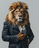 Fototapeta  - A businessman lion holding a smartphone while looking at the camera. Smart bear uses phone to surf the internet.