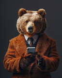 Fototapeta  - A brown businessman bear holding a smartphone while looking at the camera. Smart bear uses phone to surf the internet.