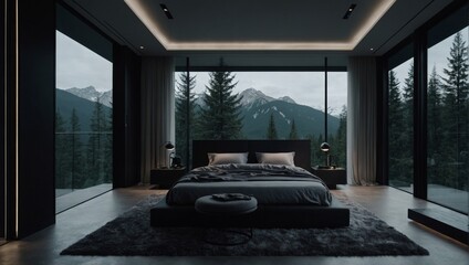 Poster - Minimalistic luxury bedroom in a mountain chalet