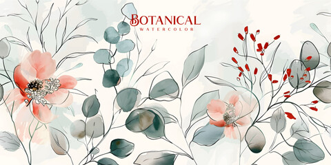 Wall Mural - floral hand drawn background. botanical line art wallpaper with flowers, branches and eucalyptus lea