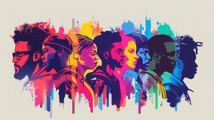 Wall Mural - Colorful silhouettes of a diverse and multicultural community. Illustration of a multiethnic group of people, portrais